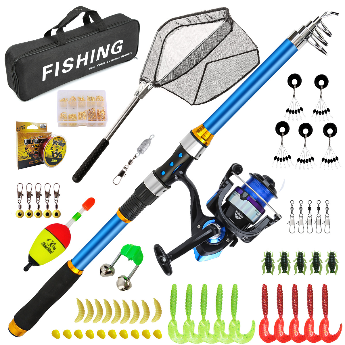 Fishing Rod Spinning - 2,1–3,6 m Teleskop-Angelruten-Set aus Glasfaser mit